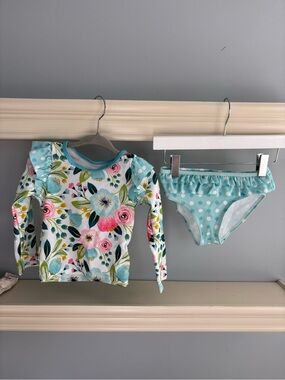 Girls' Floral Long-Sleeve Rashguard Set in Aqua Polka Dot